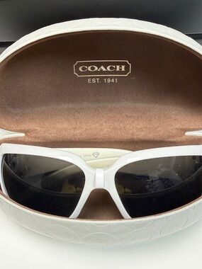 Coach White Frame Sunglasses with Dark Smoke Lenses
